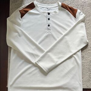 Men's White and Brown Henley Shirt